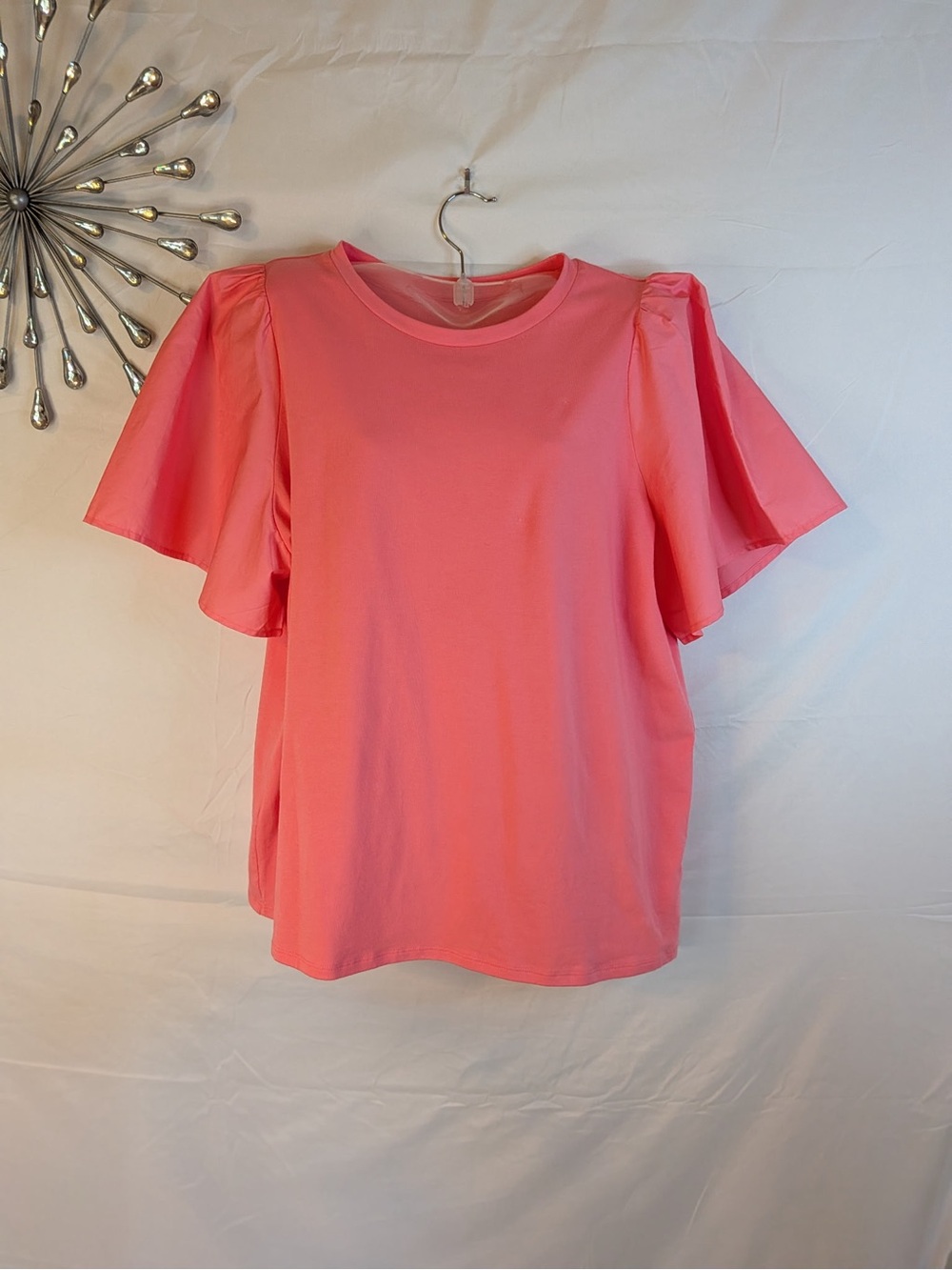 Women’s Flutter Sleeve Crewneck Top - Coral Pink Size XL